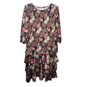 Vintage Good Times Floral Pleated Tiered Midi Dress Women's Size 14 Black Pink